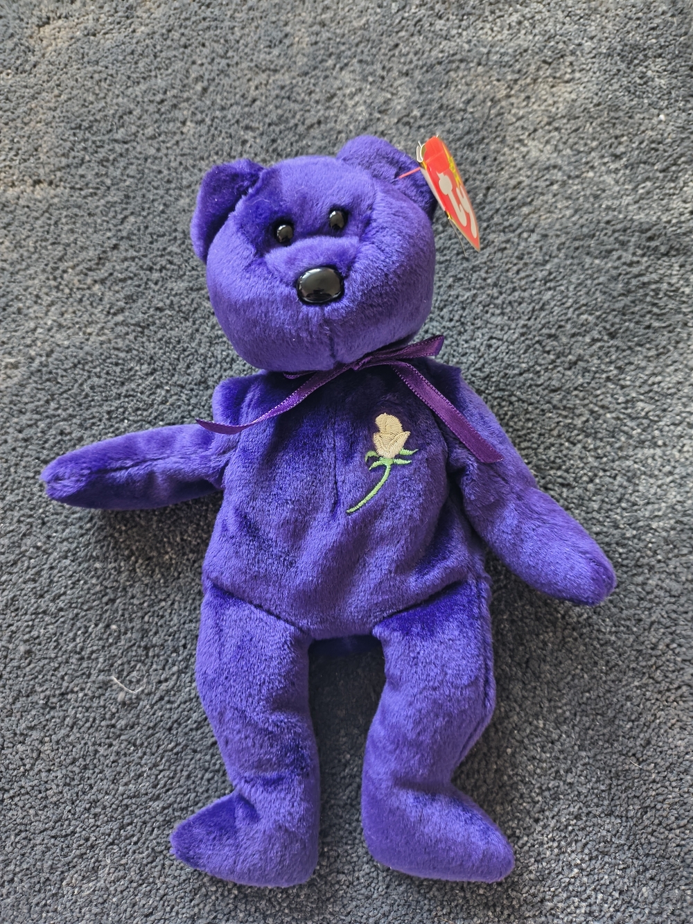 Purple Plush Bear with Embroidered Rose - Beanie-Style Collectible
